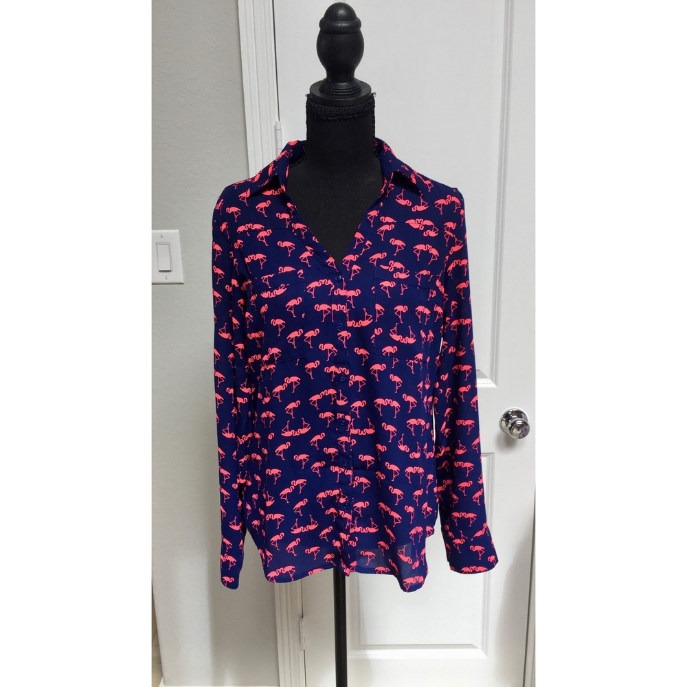 Express The Portofino Shirt Navy Pink Flamingo Print Button Up Blouse Womens S